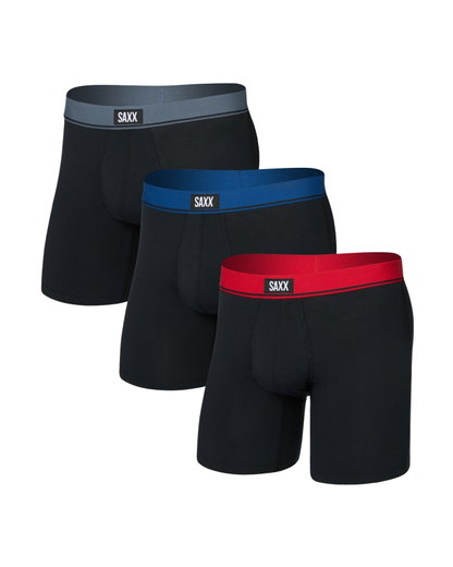 SAXX Boxershorts Essential Cotton Boxer Brief Fly TNM schwarz/rot schwarz/blau schwarz/grau Herren - 3 Stück